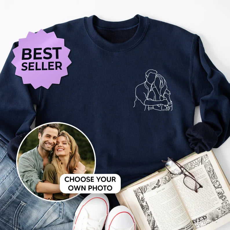 Couples Custom Photo Outline Embroidered Sweatshirt